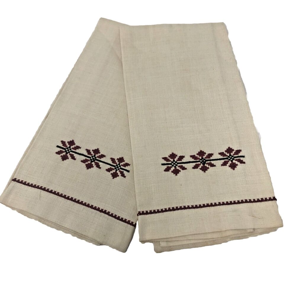 Cross Stitch Linen Fingertip Towels / Napkins Handmade Vintage NOS Set of 2